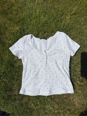Brandy Melville Light Blue Floral Scoop-Neck Knit Tee